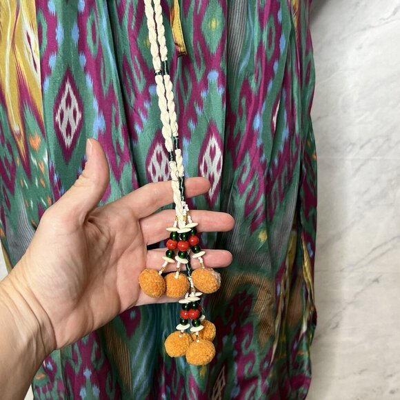 Figue Dress L Womens Multicolor Ikat Silk V Neck Short Sleeve Kaftan Tie Beach - Picture 7 of 12